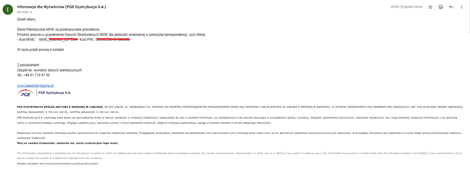 Przykładowy komunikat/korespondencja z PGE