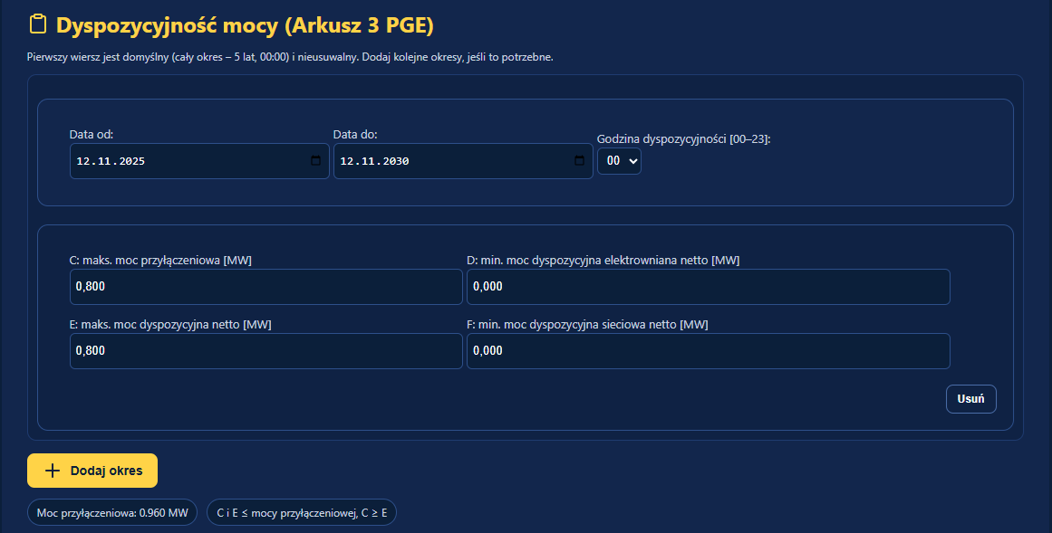 Sekcja dyspozycyjności mocy – Arkusz 3 PGE