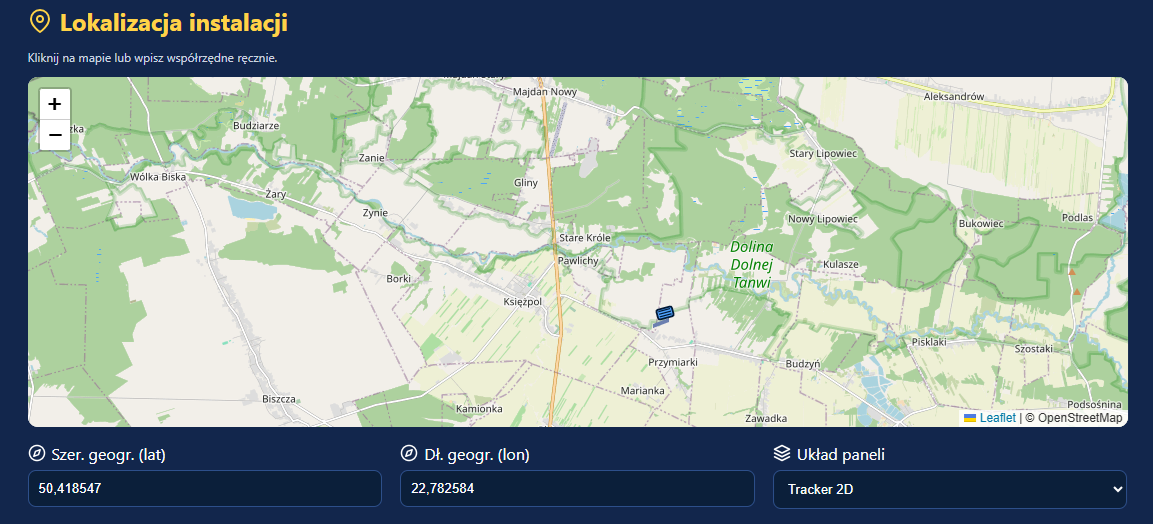 Sekcja lokalizacji instalacji PV w Sunflower Cast