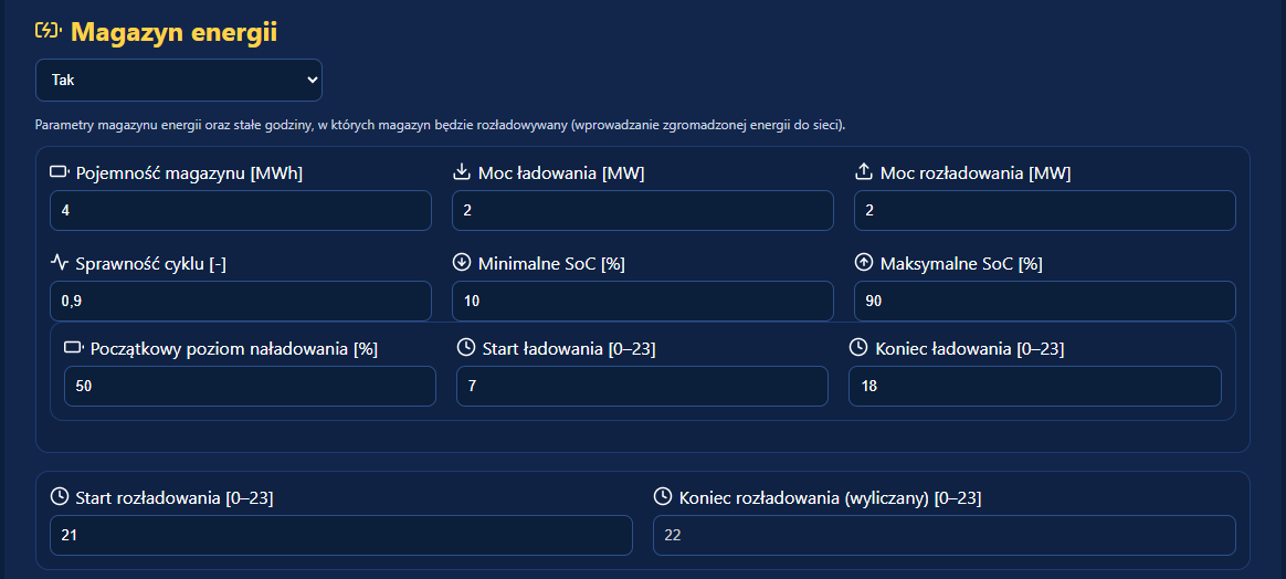 Ustawienia magazynu energii w Sunflower Cast